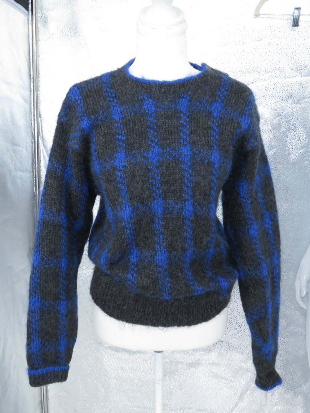 Vintage Mohair Sweater Womens Small S Blue Black Plaid Jones New York Knit Pullo